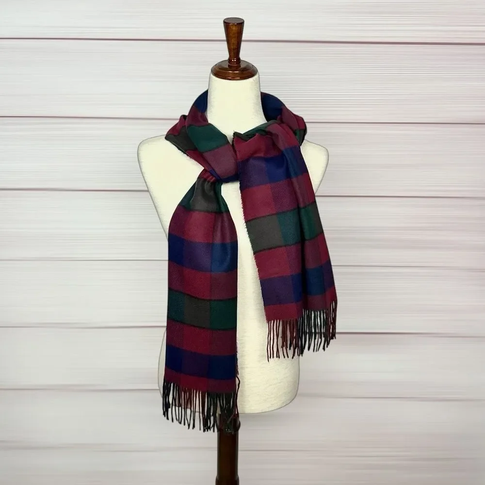 Christian Dior Cashmaire Scarf 100% Acrylic Made in Italy Plaid Fringe Vtg 80s